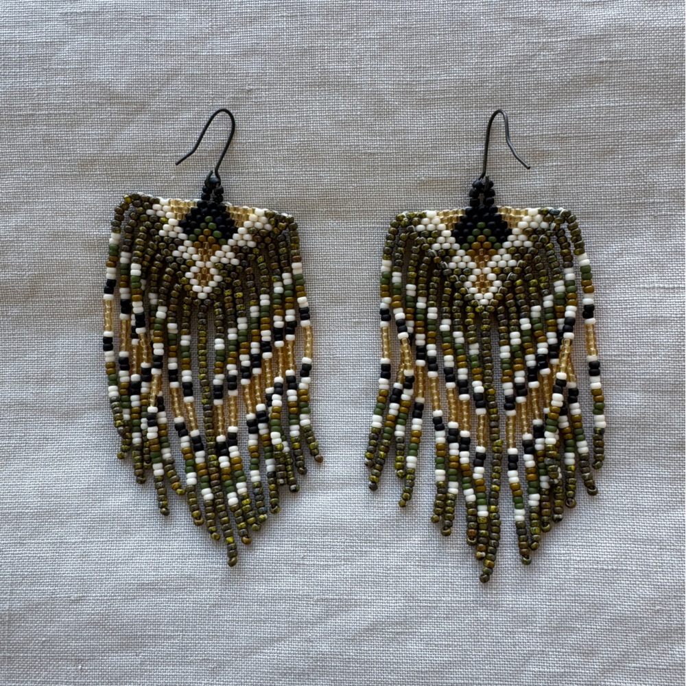 Brand New Hand Beaded Festival Fringe Earrings in Olive, Gold & White